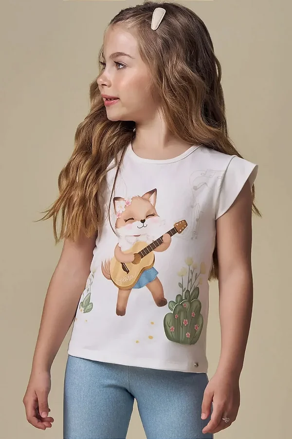 Blusa em Cotton Off White Raposa Infanti Infantil Menina