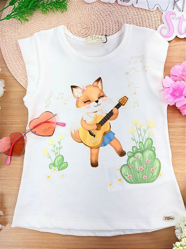 Blusa em Cotton Off White Raposa Infanti Infantil Menina