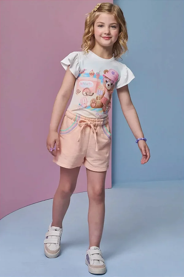 Conjunto de Blusa em Meia Malha e Shorts em Moletom sem Pelúcia Infanti Infantil Menina
