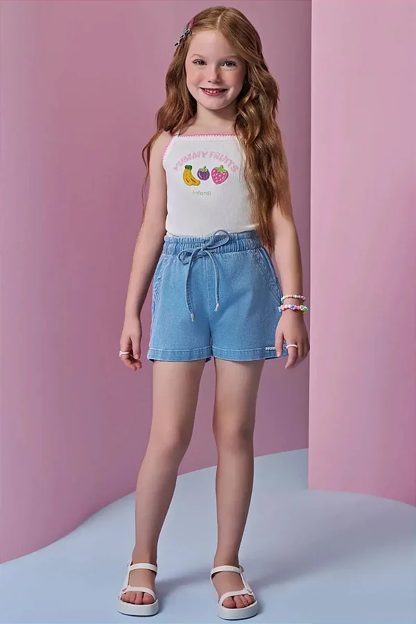 Conjunto de Regata em Canelado Liz e Shorts em Jeans com Elastano Infanti Infantil Menina