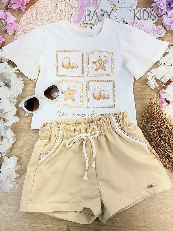 Conjunto de Blusa em Meia Malha e Shorts em Blend de Viscose com Elastano Infanti Infantil Menina