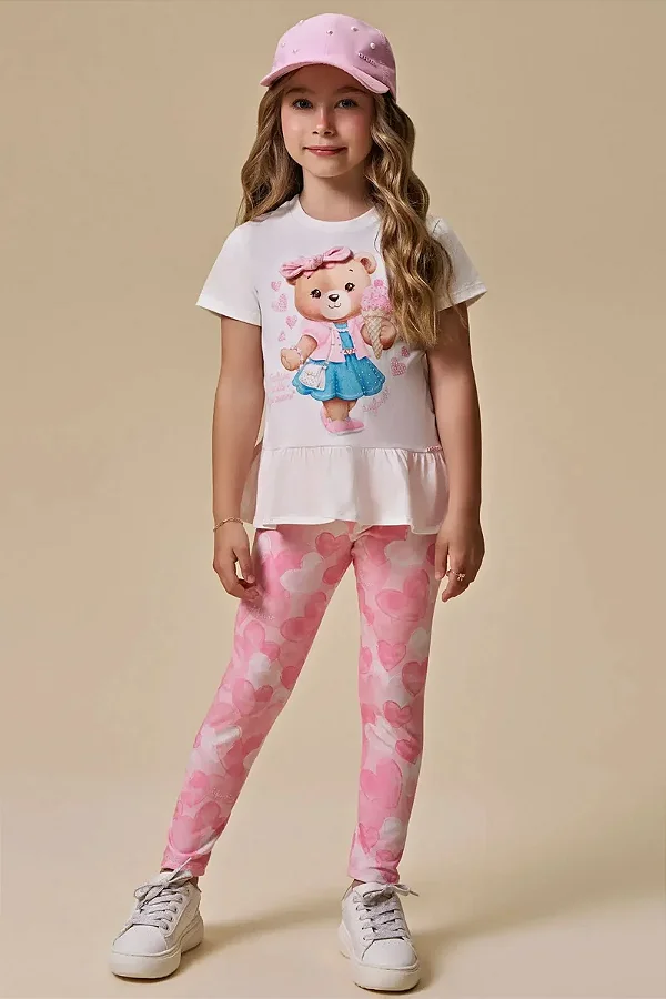 Conjunto de Blusa Alongada em Meia Malha e Calça Legging em Malha Power Infanti Infantil Menina