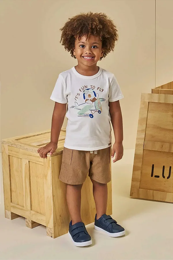 Conjunto de Camiseta em Meia Malha e Bermuda em Cotton Jeans com Elastano LucBoo Infantil Menino