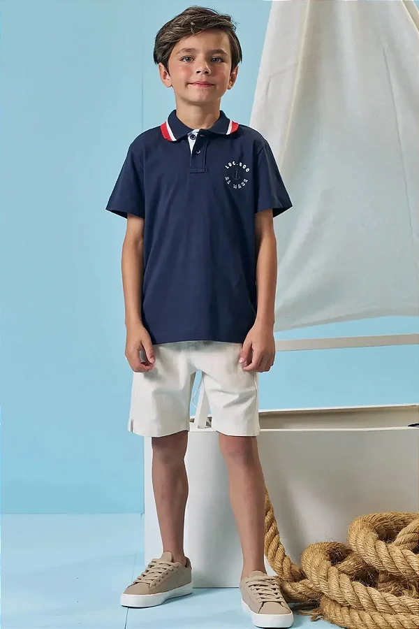 Conjunto de Camisa Polo em Meia Malha e Bermuda em Linho Santorine com Elastano LucBoo Infantil Menino