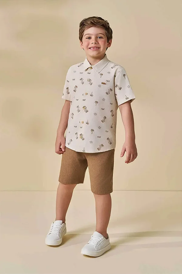 Conjunto de Camisa em Linho Deluxe e Bermuda em Cotton Jeans com Elastano LucBoo Infantil Menino