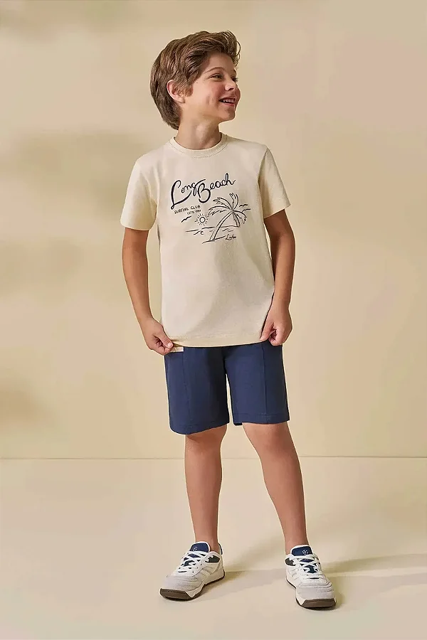 Conjunto de Camiseta em Meia Malha e Bermuda em Sarja Girassol com Elastano LucBoo Infantil Menino
