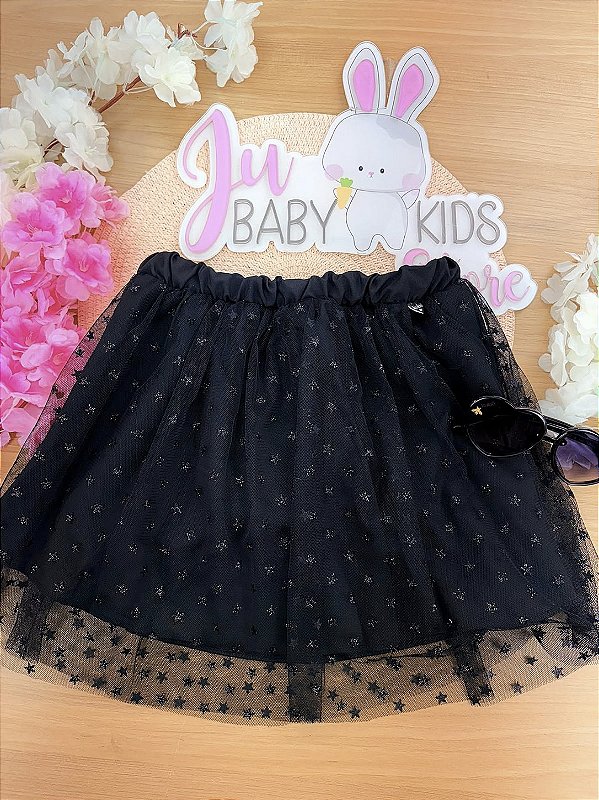 Saia em Tule Glitter Estrelas Preto Kukiê Infantil Menina