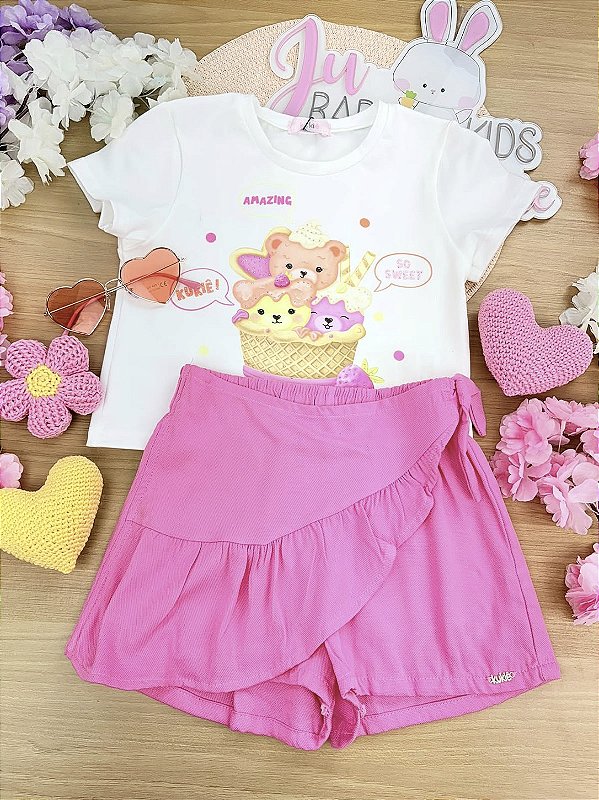 Conjunto de Blusa em Malha Power e Short Saia em Tecido de Viscose Kukiê Infantil Menina