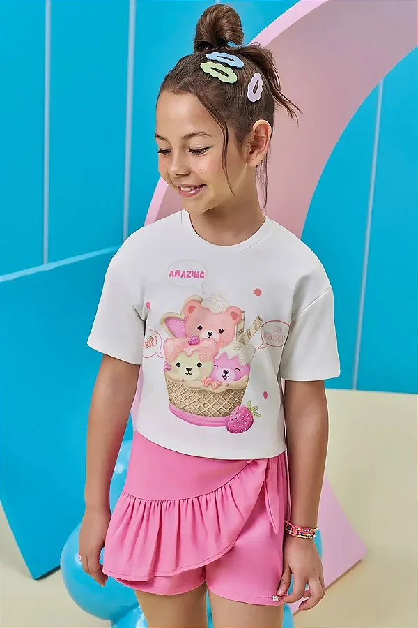 Conjunto de Blusa em Malha Power e Short Saia em Tecido de Viscose Kukiê Infantil Menina