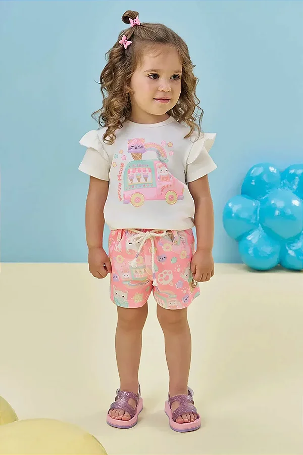 Conjunto de Blusa em Cotton e Shorts em Molecotton Kukiê Infantil Menina