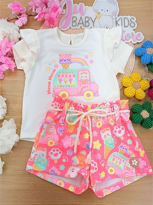 Conjunto de Blusa em Cotton e Shorts em Molecotton Kukiê Infantil Menina