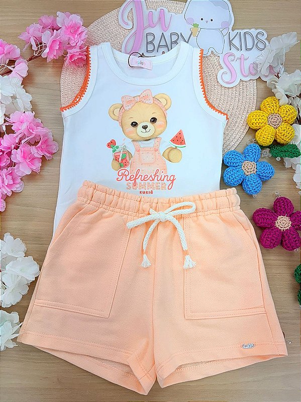 Conjunto de Regata em Cotton e Shorts em Moletom sem Pelúcia Kukiê Infantil Menina
