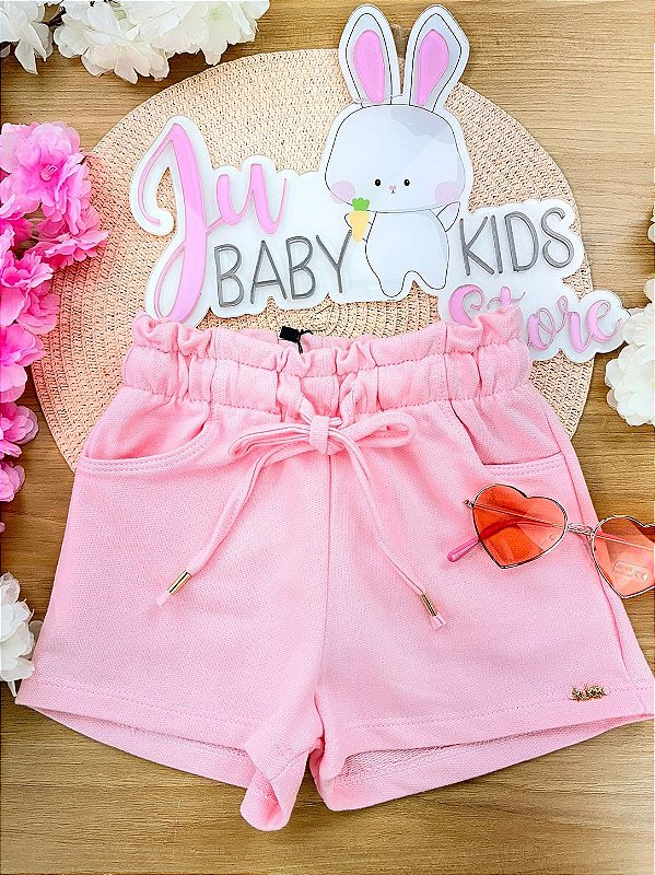 Shorts em Moletom sem Pelúcia Rosa Kukiê Infantil Menina