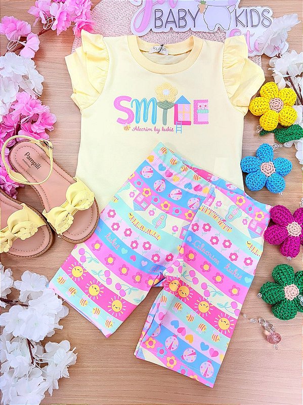 Conjunto de Blusa em Meia Malha e Bermuda Biker em Malha Power Kukiê Infantil Menina
