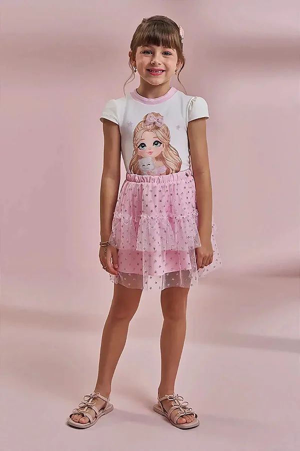 Conjunto de Blusa em Cotton e Saia em Tule Glitter Estrelas (com Shorts Embutido) Kukiê Infantil Menina