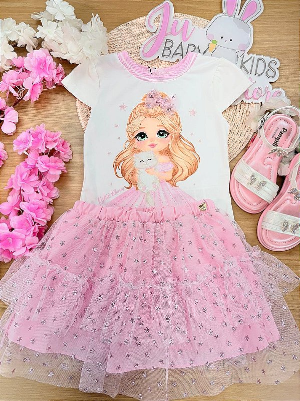 Conjunto de Blusa em Cotton e Saia em Tule Glitter Estrelas (com Shorts Embutido) Kukiê Infantil Menina