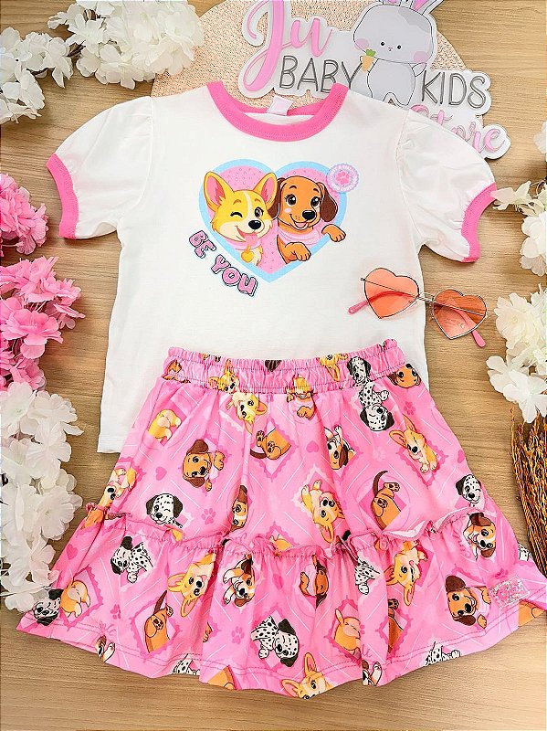 Conjunto Blusa e Saia/Shorts Cachorrinhos Cinti Infantil Menina