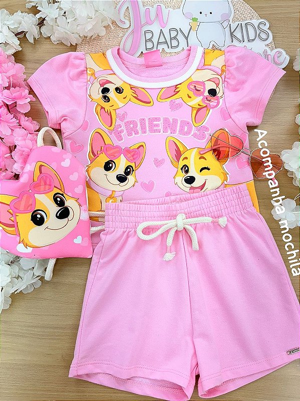 Conjunto de Shorts e Blusa Cachorrinho Cinti Acompanha mochila