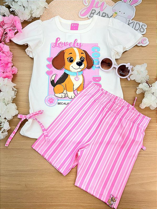 Conjunto de Blusa Alongada e Shorts Biker Ciclista Cachorrinho Cinti Infantil Menina