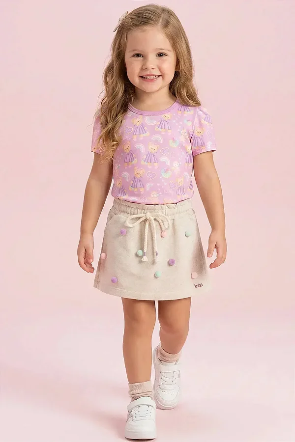 Conjunto de Blusa em Malha Power e Short Saia em Moletom sem Pelúcia Kukiê Infantil Menina