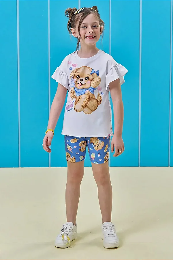 Conjunto de Blusa em Meia Malha e Bermuda Biker em Molecotton Kukiê Infantil Menina