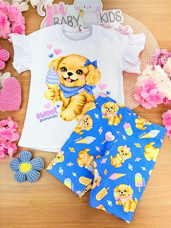 Conjunto de Blusa em Meia Malha e Bermuda Biker em Molecotton Kukiê Infantil Menina
