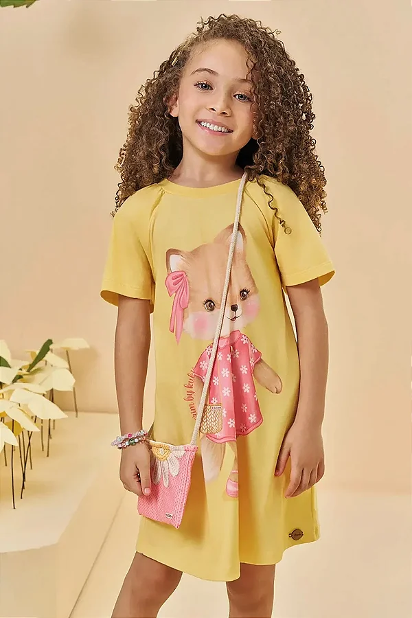 Vestido em Meia Malha. Acompanha Bolsa Kukiê Infantil Menina