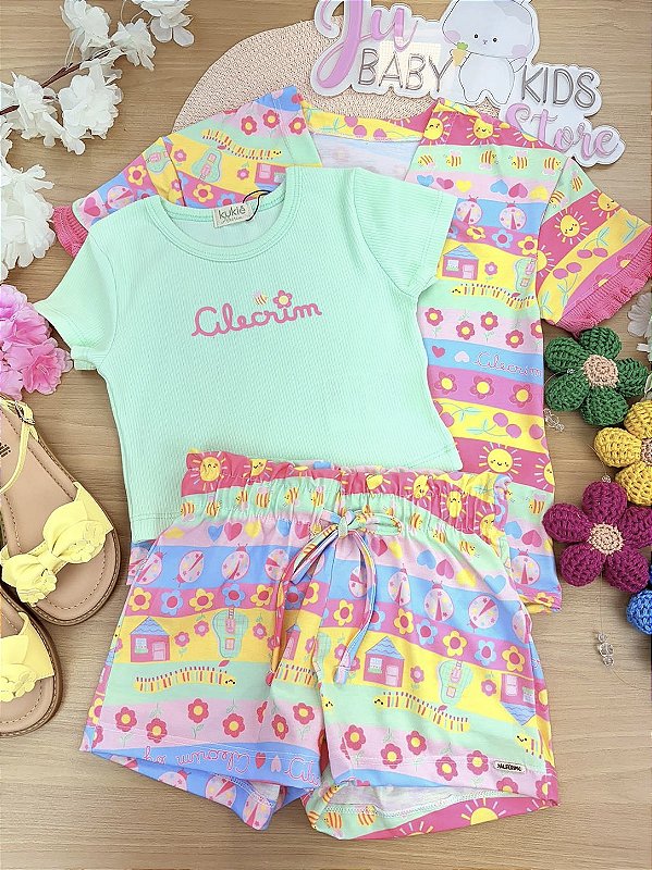 Trio de Blusa em Canelado e Shorts e Kimono em Malha Fresh Kukiê Infantil Menina