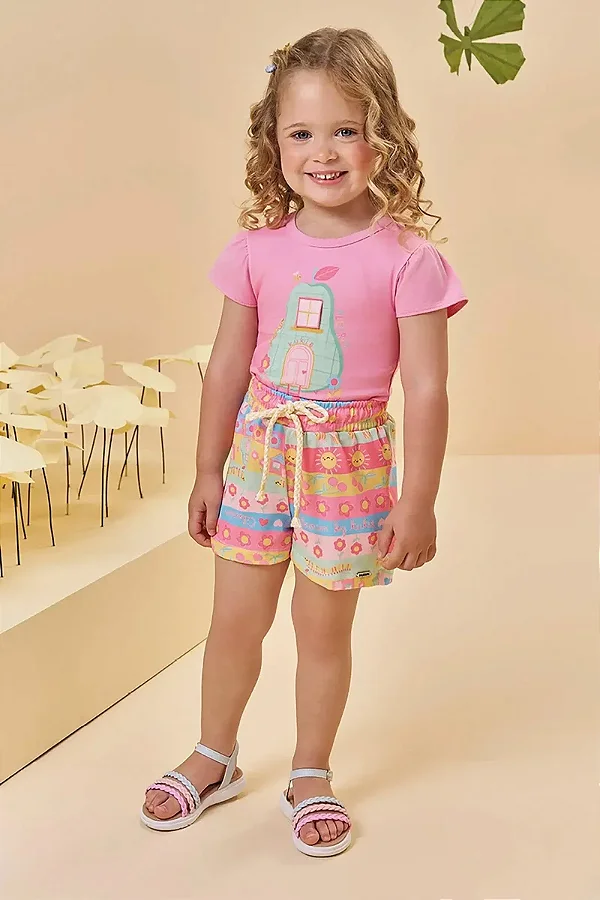 Conjunto de Blusa em Cotton e Shorts em Malha Fresh Kukiê Infantil Menina