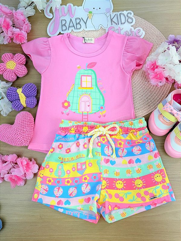 Conjunto de Blusa em Cotton e Shorts em Malha Fresh Kukiê Infantil Menina