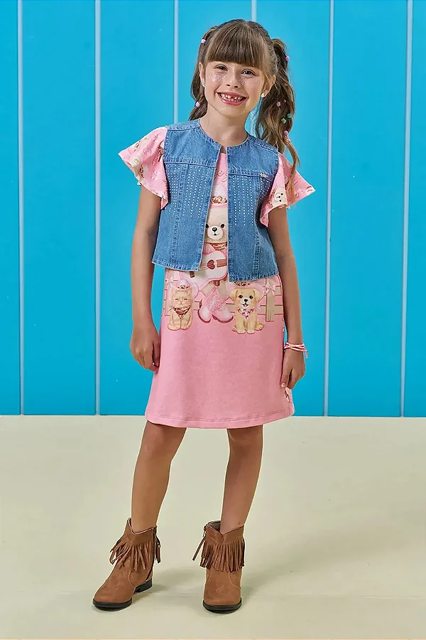 Vestido em Molecotton e Colete em Jeans Kukiê Infantil Menina