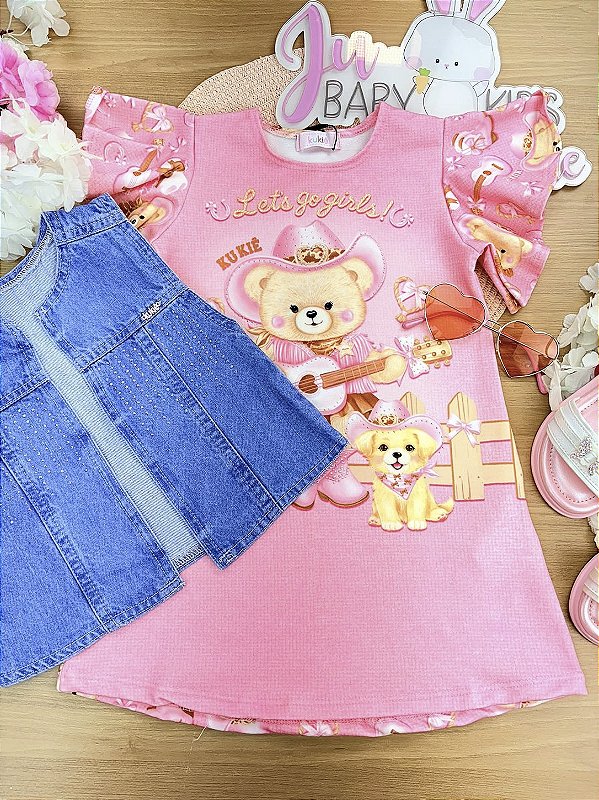 Vestido em Molecotton e Colete em Jeans Kukiê Infantil Menina