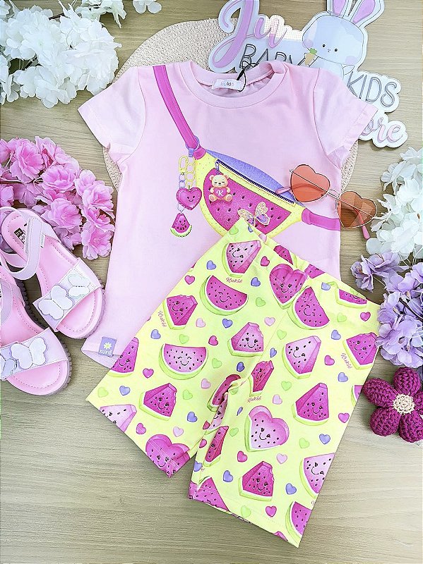 Conjunto de Blusa em Meia Malha e Bermuda Biker em Molecotton Kukiê Infantil Menina
