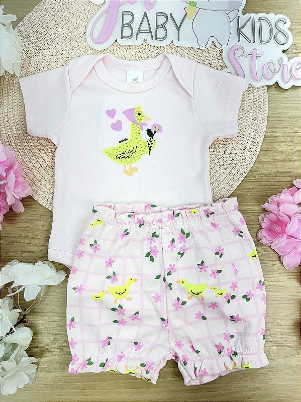 Conjunto Body e Short em Suedine Rosa Up Baby