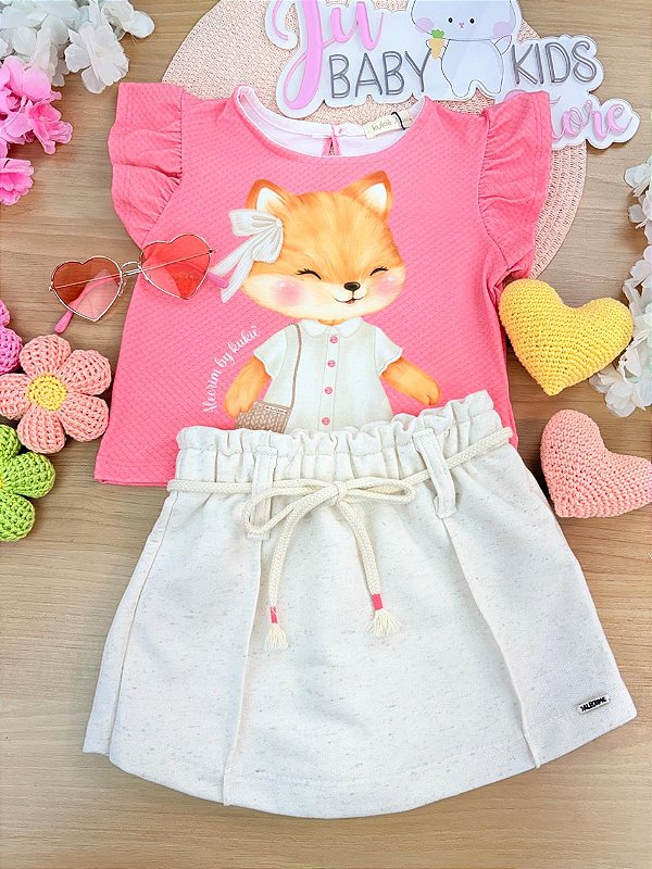 Conjunto de Blusa em Malha Fresh e Short Saia em Moletom sem Pelúcia Kukiê Infantil Menina