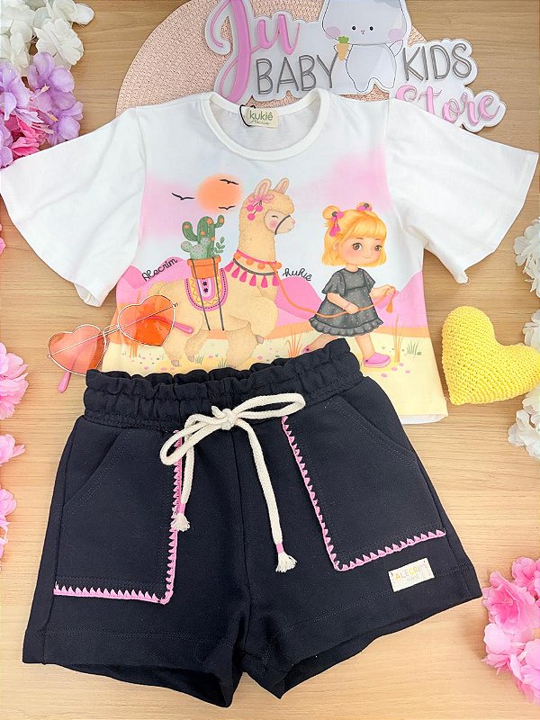 Conjunto de Blusa em Meia Malha e Shorts em Moletom sem Pelúcia Kukiê Infantil Menina