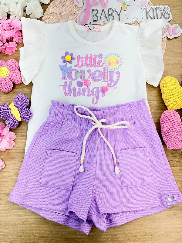 Conjunto de Blusa em Meia Malha e Shorts em Malha Little Waffle Kukiê Infantil Menina