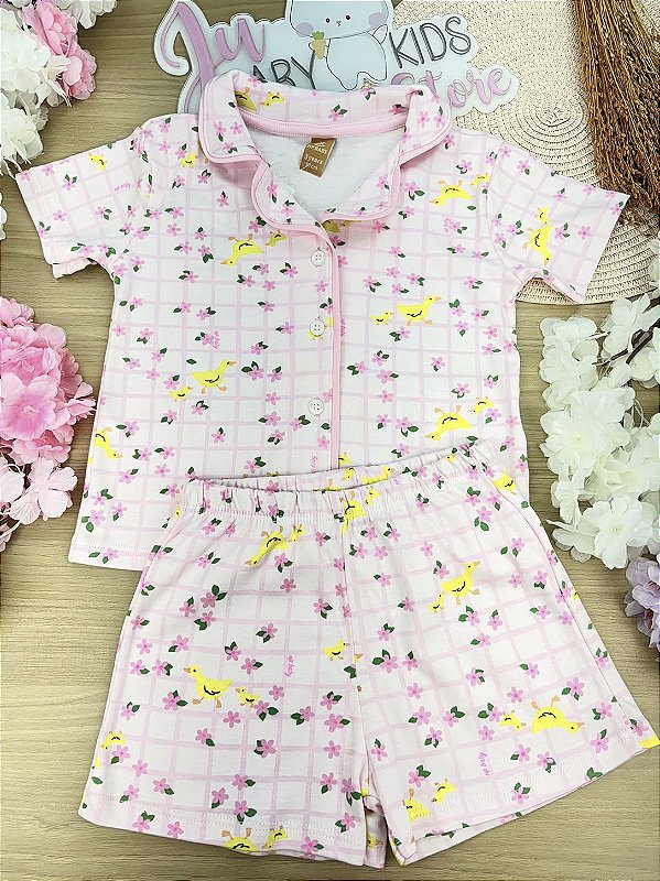 Pijama Blusa Curta e Short em Suedine Xadrez Patinhos Up Baby