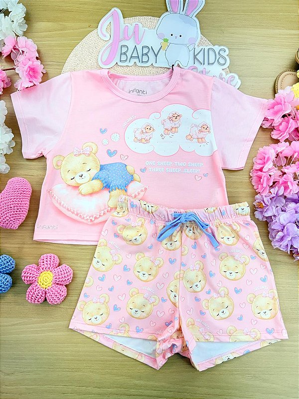Conjunto de Pijama de Blusa em Meia Malha com Shorts em Malha Comfy Infanti Infantil Menina