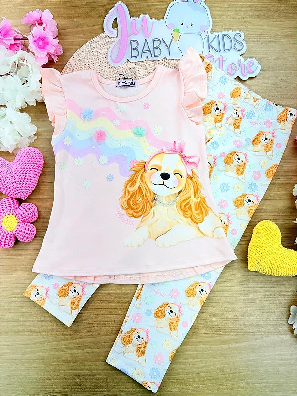 Conjunto de Blusa Alongada em Cotton e Calça Legging em Malha Power Infanti Infantil Menina