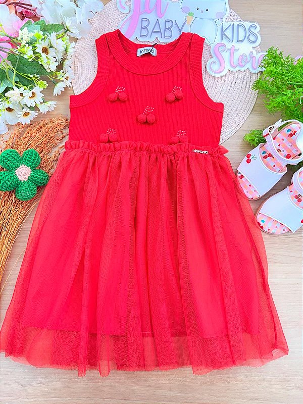 Vestido em Canelado Liz e Tule com Elastano Vermelho Infanti Infantil Menina