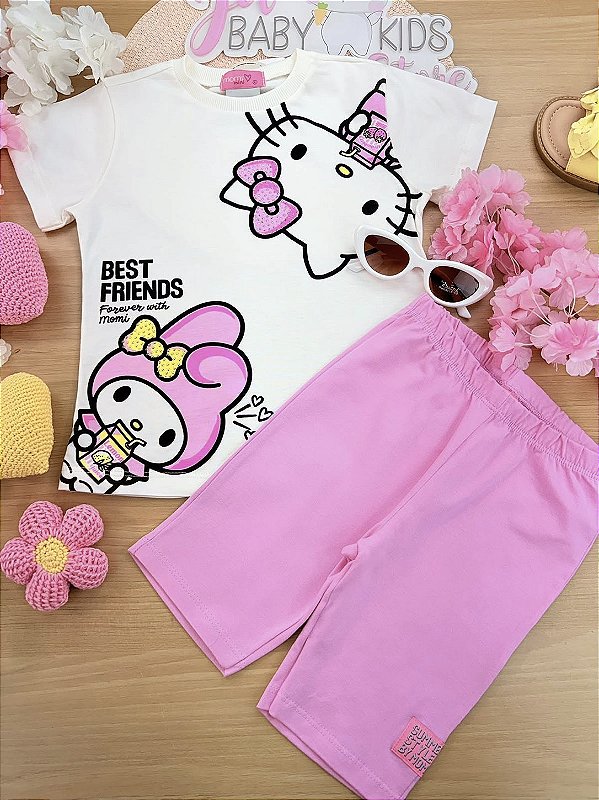 Conjunto Blusa Hello Kitty e My Melody e Biker Momi
