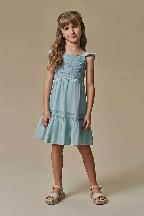 Vestido em Tricoline com Elastano e Tricoline Bordado Infanti Infantil Menina