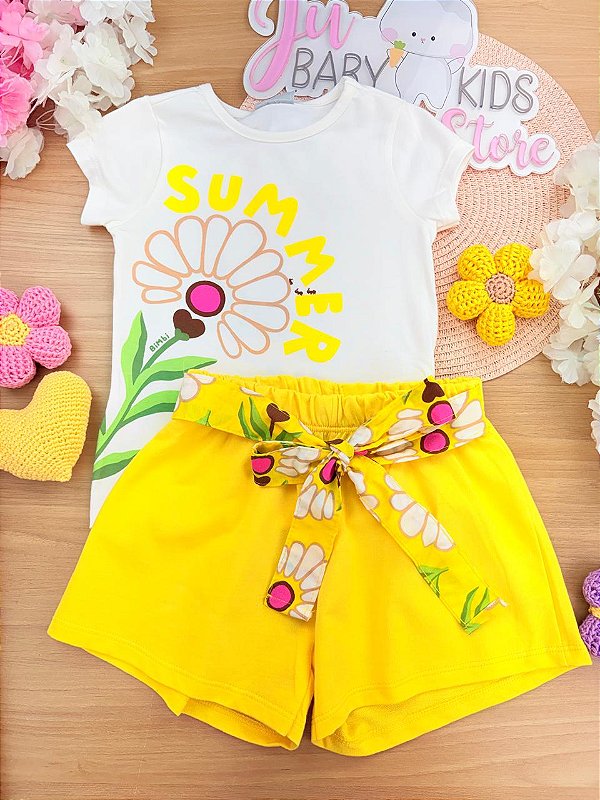 Conjunto Infantil Menina Bimbi Amarelo Summer com Flores Retro e Faixa