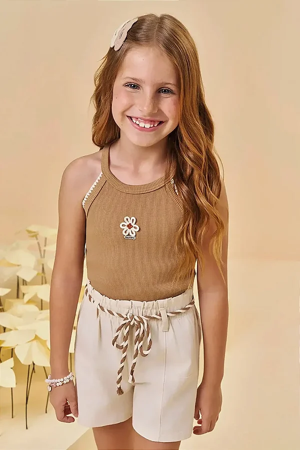 Conjunto de Regata em Soft Line e Shorts em Linho Santorini com Elastano Kukiê Infantil Menina