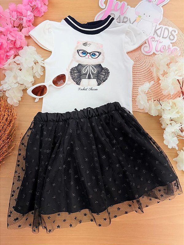 Conjunto de Blusa em Cotton e Saia em Tule Glitter Estrelas (com Shorts Embutido) Kukiê Infantil Menina