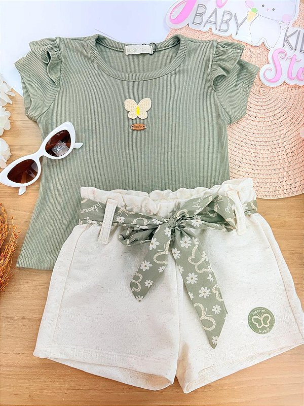 Conjunto de Blusa em Canelado de Viscose e Shorts em Moletom Linho sem Pelúcia Kukiê Infantil Menina