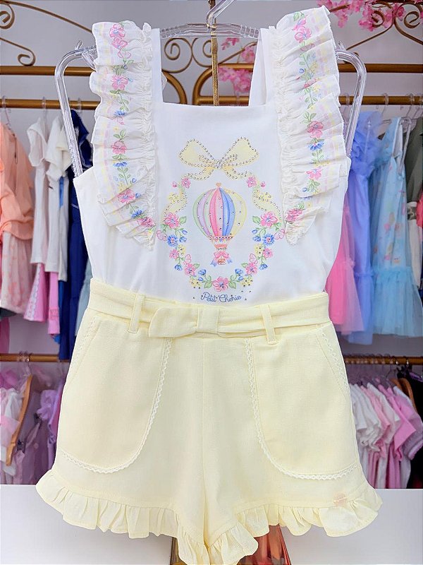 Conjunto Blusa Cotton e Shorts Linho Balão Petit Cherie