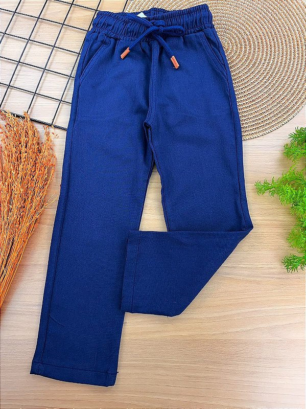 Calça Infantil Menino Reta em Linho com Elastano Azul Marinho Divertto