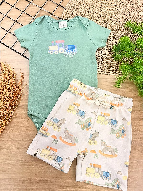 Conjunto de Body em Ribana 1x1 e Bermuda em Molecotton LucBoo Bebê Menino